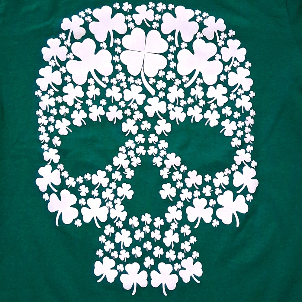 St. Patrick's Day Green Tee with White Clover Skull Design - Picture 2 of 3